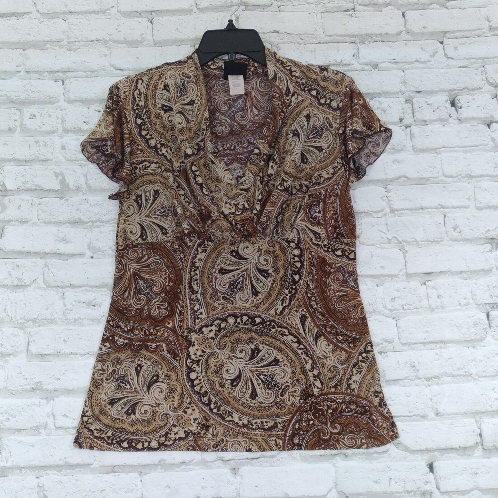 JKLA California Womens Blouse Small Brown Paisley V Neck Boho Top 90's Y2K